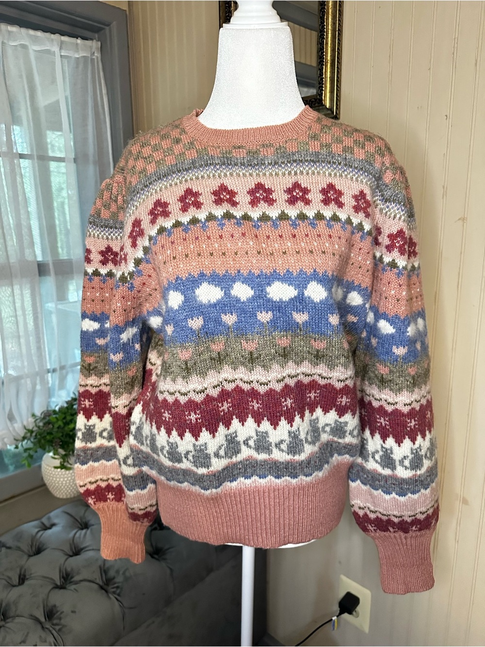 Vintage Moussie for Susan Bristol Fair Isle Sweater Shetland Wool Cat Pink